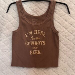 Full Tilt Brown Ribbed Crop Tank “I’m Here for the Cowboys and Beer” Size S